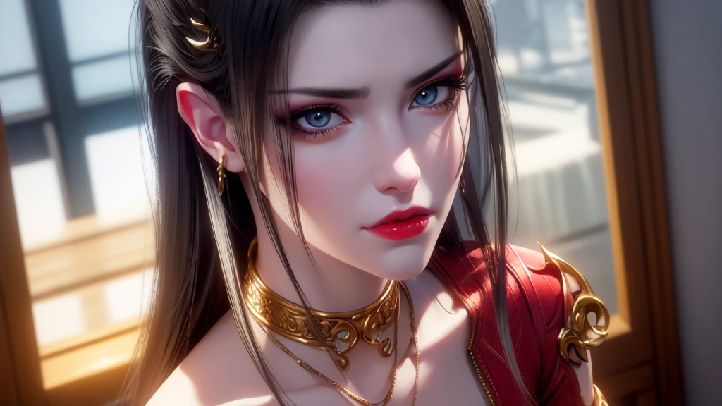 (lifelike, high - resolution:1.3), 1 girl with a perfect body, Super fine face and eyes,slong hair, big boob,Expose cleavage5, lightning, hyper-realistic graphics, most realistic graphics, 1 girl, alone, solo, Extremely sharp, surreal image, sharp eye makeup, meticulous makeup eyelashes, pretty red lips, pursed lips, full body shot, inside the room.