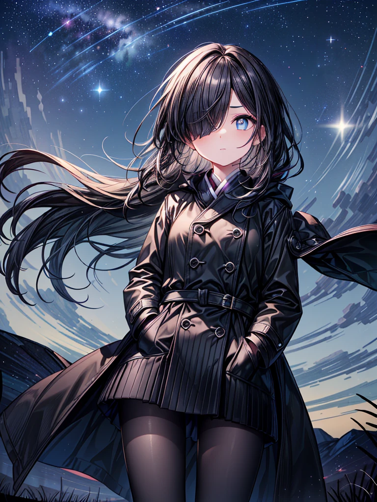 ((Oriental Project)),((masterpiece)),((Highest quality)),((Fascinating)),((alone)),((Deep blue pupils)),((Beautiful Blue Eyes)),((Wearing a black coat)),((Wearing a black mini skirt,She is wearing black tights under her skirt)),((Slim legs)),((length, Shiny black hair)),((Her left eye is completely hidden by her bangs)),((Her hair is parted, and you can see her eyes through it)),((Wearing black gloves)),((hair over one eye,long hair)),,((Complex background)),((Starry night view)),(Standing on a hill)),((Put your arms in your pockets)),((Looking up at the night sky)),((Complex perspective))