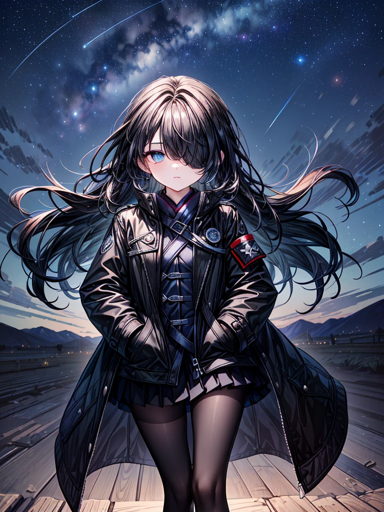 ((Oriental Project)),((masterpiece)),((Highest quality)),((Fascinating)),((alone)),((Deep blue pupils)),((Beautiful Blue Eyes)),((Wearing a black coat)),((Wearing a black mini skirt,She is wearing black tights under her skirt)),((Slim legs)),((length, Shiny black hair)),((Her left eye is completely hidden by her bangs)),((Her hair is parted, and you can see her eyes through it)),((Wearing black gloves)),((hair over one eye,long hair)),,((Complex background)),((Starry night view)),(Standing on a hill)),((Put your arms in your pockets)),((Looking up at the night sky)),((Complex perspective))