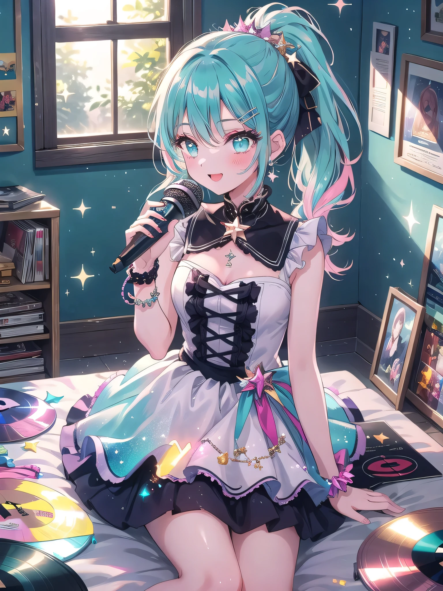 ((8k, Highest quality, masterpiece: 1.3)),Ultra-high resolution,(1 girl, alone), (Color changing eyes, Ultra-detailed, Expressive brilliance, Glitter, Glowing Eyes), Highly detailed eyes, Highly detailed face, Random Hair, ((pastel colour)),A cheerful young woman with pastel teal hair styled into a high ponytail, sitting on her bed, surrounded by scattered cosplay accessories. It’s mid-morning, and the room is filled with bright, natural light coming through the window. She is dressed in a retro idol cosplay, wearing a colorful, glittery dress with a short pleated skirt, matching wristbands, and a star-shaped hairclip. The camera captures her from a slightly elevated angle as she practices her dance moves while sitting, her face beaming with excitement. Her room is filled with posters of famous idols, a microphone stand in the corner, and a shelf lined with CDs and vinyl records, reflecting her love for music and performance.