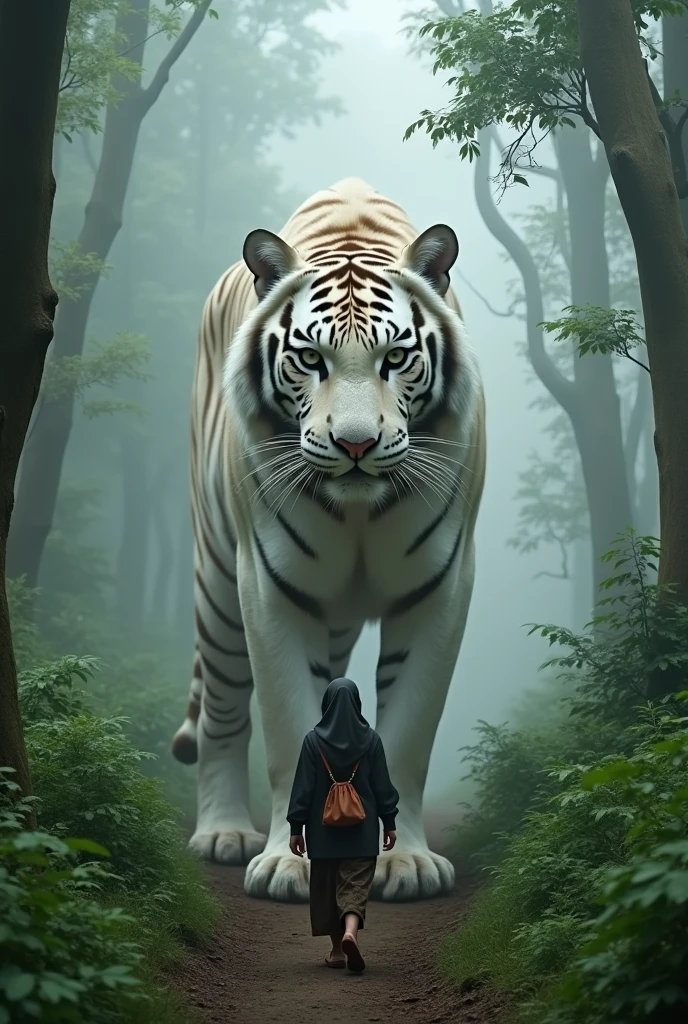 REALITY, An Indonesian woman wearing a gamis and hijab walks on a path in the middle of a green and dense forest., with fog in the background. Behind this person stood a giant white tiger that towered over them and the surrounding trees.. The white tiger&#39;s face looks like it is eyeing its prey.