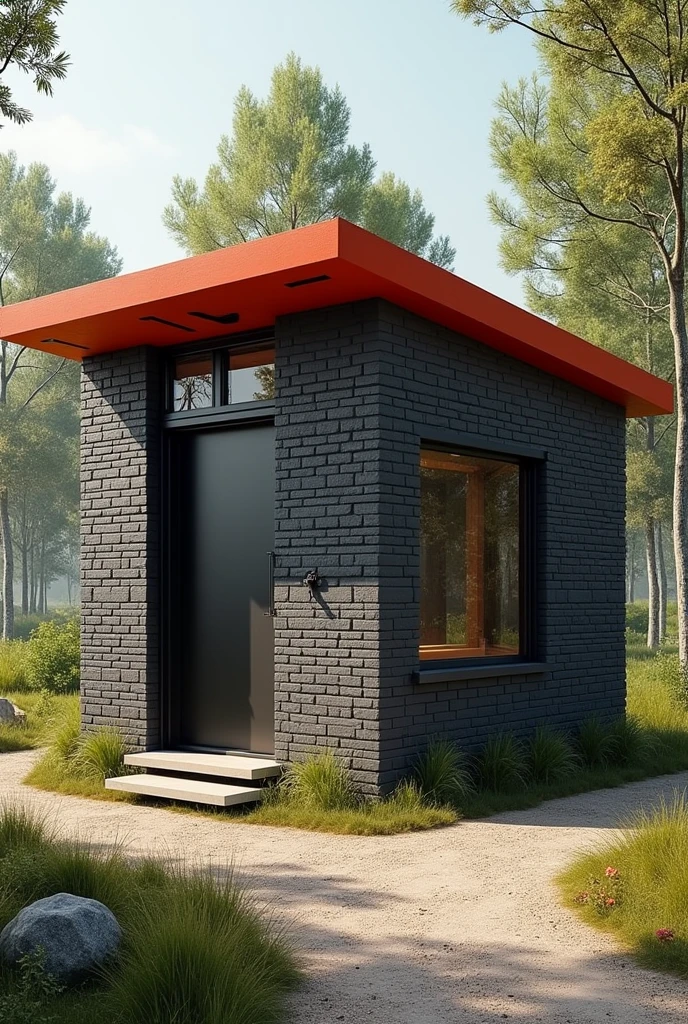 Shelter made from recyclable materials is made of cardboard but is painted with black and gray bricks, and the red roof with some 100 details% Recyclable 


