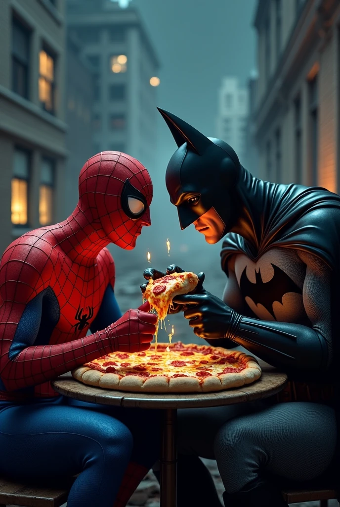 Spiderman and Batman eating pizza