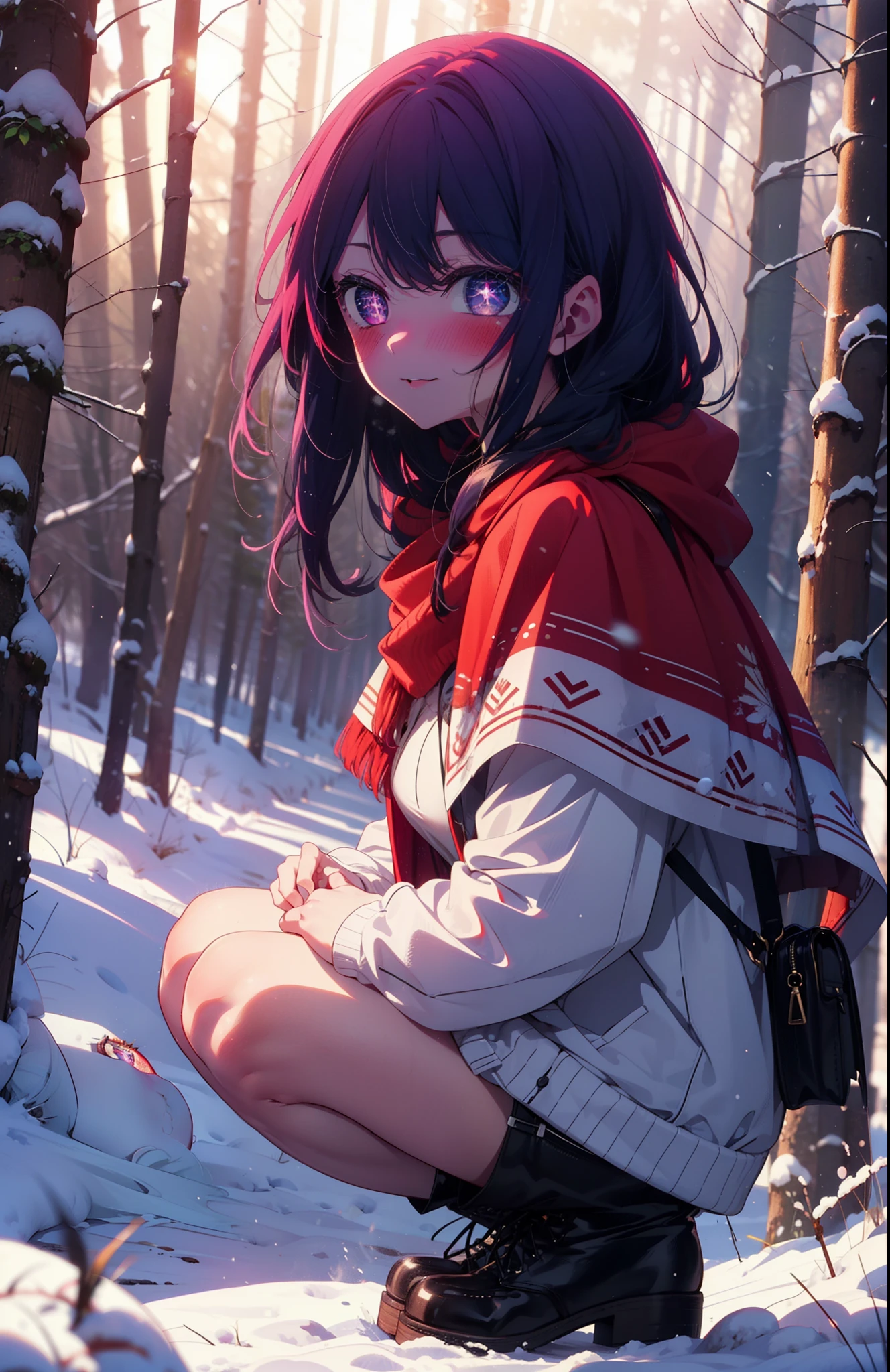 aihoshino, Ai Hoshino, Long Hair, bangs, (Purple eyes:1.1), Purple Hair, (Symbol-shaped pupil:1.5), smile,,smile,blush,white breath,
Open your mouth,snow,Ground bonfire, Outdoor, boots, snowing, From the side, wood, suitcase, Cape, Blurred, , forest, White handbag, nature, Squat, Mouth closed, Cape, winter, Written boundary depth, Black shoes, red Cape break looking at viewer, Upper Body, whole body, break Outdoor, forest, nature, break (masterpiece:1.2), Highest quality, High resolution, unity 8k wallpaper, (shape:0.8), (Beautiful and beautiful eyes:1.6), Highly detailed face, Perfect lighting, Highly detailed CG, (Perfect hands, Perfect Anatomy),