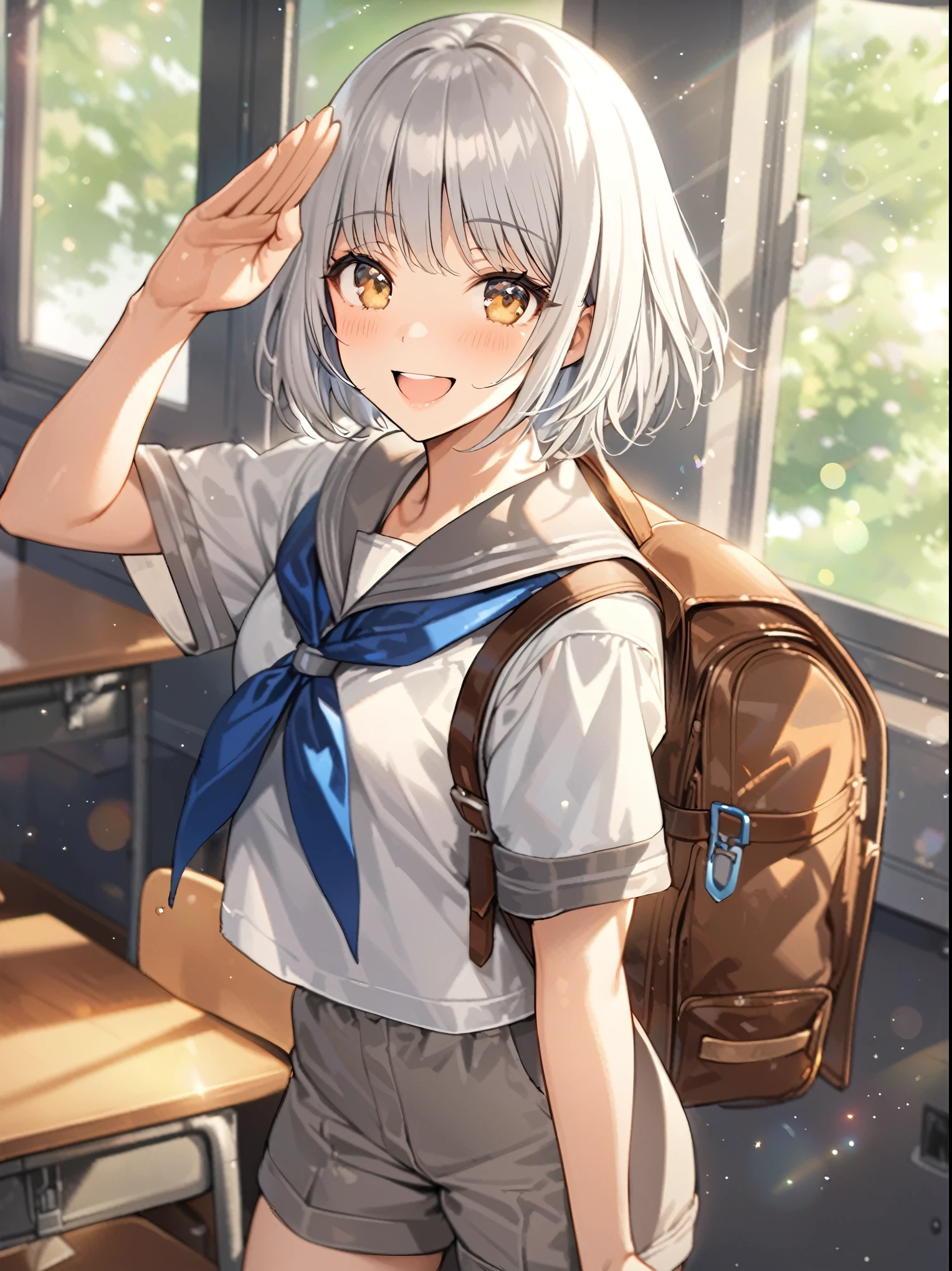 ultra-detailed illustration of a school girl in the classroom, solo, silver hair, bob cut, golden eyes, gray and white serafuku, blue neckerchief, brown backpack, short pants, happy smile, salute, summer, light particles, depth of field, masterpiece, best quality, beautiful illustration, very aesthetic art, perfect anatomy, perfect hand