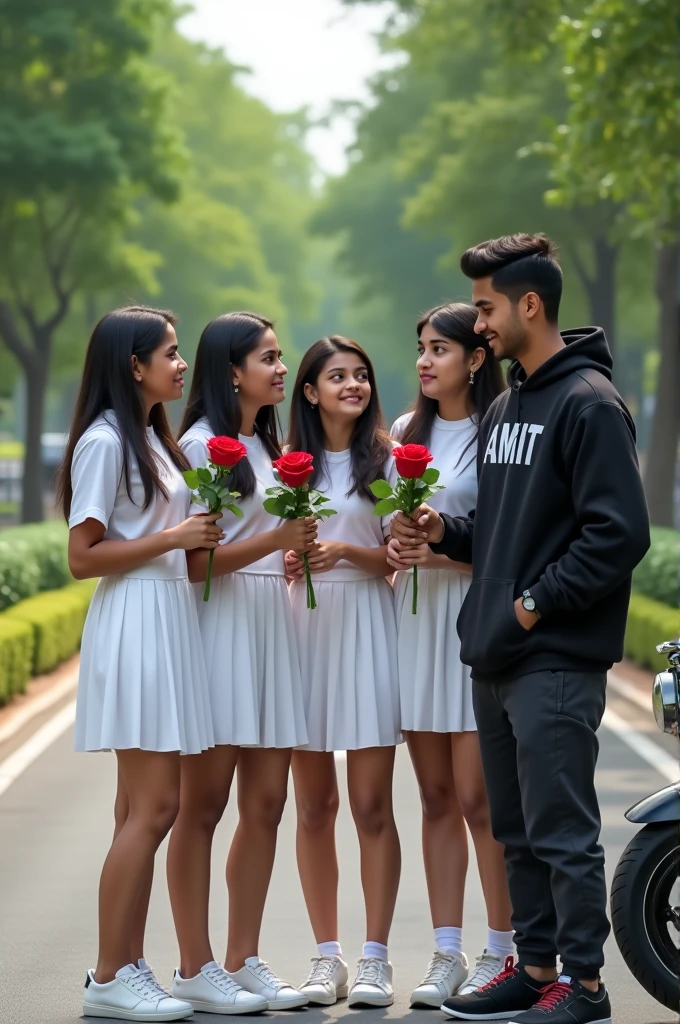 - A real 16 year old four cute Indian school girls proposing rose giving to 16 years old cute two boy and smile black side KTM bike a street, the boy is wearing black hoodie written bold name “AMIT”and girl wearing white school uniform, girl looking at camera, watch, stylish hair ,ladies shoes, background big park greentrees plants fields, 16K Ultra Quality Image
School Girl Proposing In Barish Ai Photo Editing