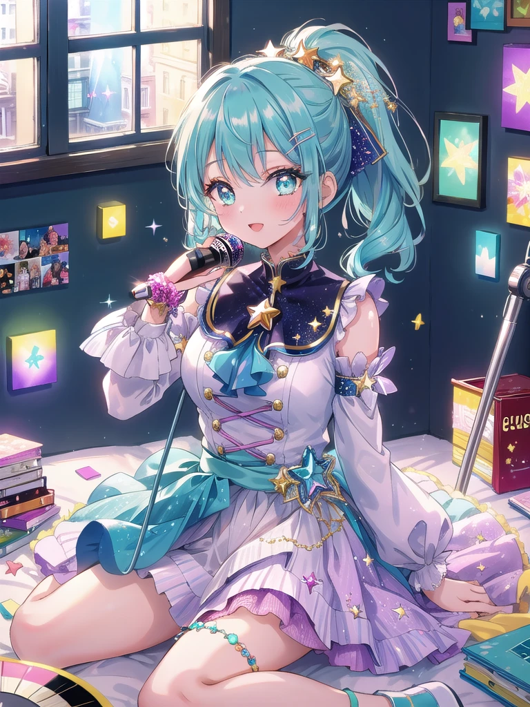 ((8k, Highest quality, masterpiece: 1.3)),Ultra-high resolution,(1 girl, alone), (Color changing eyes, Ultra-detailed, Expressive brilliance, Glitter, Glowing Eyes), Highly detailed eyes, Highly detailed face, Random Hair, ((pastel colour)),A cheerful young woman with pastel teal hair styled into a high ponytail, sitting on her bed, surrounded by scattered cosplay accessories. It’s mid-morning, and the room is filled with bright, natural light coming through the window. She is dressed in a retro idol cosplay, wearing a colorful, glittery dress with a short pleated skirt, matching wristbands, and a star-shaped hairclip. The camera captures her from a slightly elevated angle as she practices her dance moves while sitting, her face beaming with excitement. Her room is filled with posters of famous idols, a microphone stand in the corner, and a shelf lined with CDs and vinyl records, reflecting her love for music and performance.