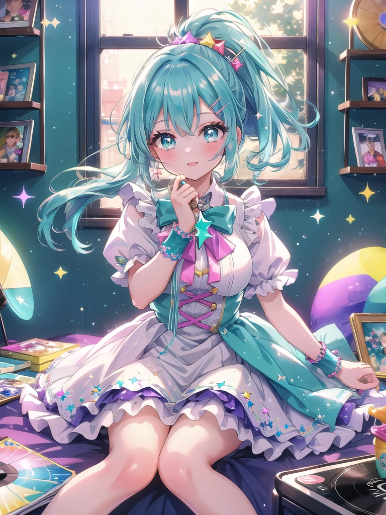 ((8k, Highest quality, masterpiece: 1.3)),Ultra-high resolution,(1 girl, alone), (Color changing eyes, Ultra-detailed, Expressive brilliance, Glitter, Glowing Eyes), Highly detailed eyes, Highly detailed face, Random Hair, ((pastel colour)),A cheerful young woman with pastel teal hair styled into a high ponytail, sitting on her bed, surrounded by scattered cosplay accessories. It’s mid-morning, and the room is filled with bright, natural light coming through the window. She is dressed in a retro idol cosplay, wearing a colorful, glittery dress with a short pleated skirt, matching wristbands, and a star-shaped hairclip. The camera captures her from a slightly elevated angle as she practices her dance moves while sitting, her face beaming with excitement. Her room is filled with posters of famous idols, a microphone stand in the corner, and a shelf lined with CDs and vinyl records, reflecting her love for music and performance.