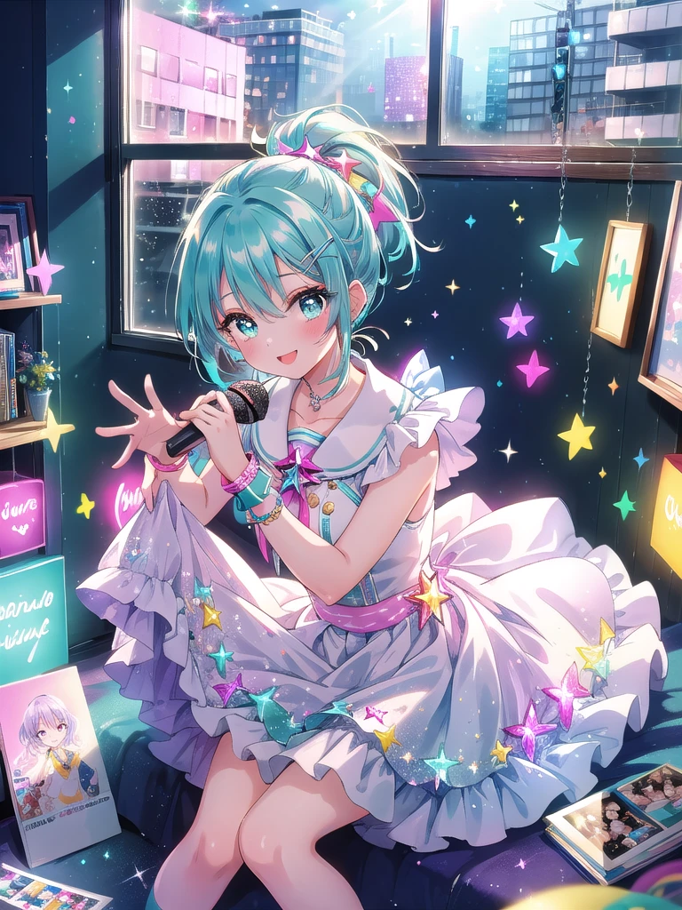 ((8k, Highest quality, masterpiece: 1.3)),Ultra-high resolution,(1 girl, alone), (Color changing eyes, Ultra-detailed, Expressive brilliance, Glitter, Glowing Eyes), Highly detailed eyes, Highly detailed face, Random Hair, ((pastel colour)),A cheerful young woman with pastel teal hair styled into a high ponytail, sitting on her bed, surrounded by scattered cosplay accessories. It’s mid-morning, and the room is filled with bright, natural light coming through the window. She is dressed in a retro idol cosplay, wearing a colorful, glittery dress with a short pleated skirt, matching wristbands, and a star-shaped hairclip. The camera captures her from a slightly elevated angle as she practices her dance moves while sitting, her face beaming with excitement. Her room is filled with posters of famous idols, a microphone stand in the corner, and a shelf lined with CDs and vinyl records, reflecting her love for music and performance.
