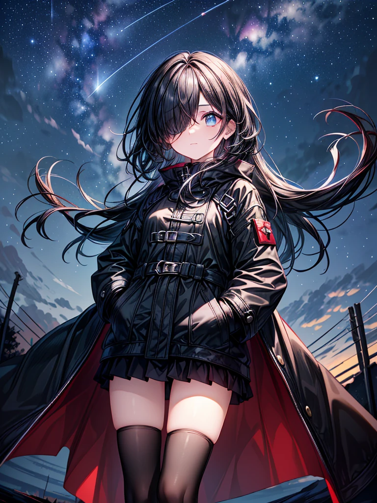 ((Oriental Project)),((masterpiece)),((Highest quality)),((Fascinating)),((alone)),((Deep blue pupils)),((Beautiful Blue Eyes)),((Wearing a black coat)),((Wearing a black mini skirt,She is wearing black tights under her skirt)),((Slim legs)),((length, Shiny black hair)),((Her left eye is completely hidden by her bangs)),((Her hair is parted, and you can see her eyes through it)),((Wearing black gloves)),((hair over one eye,long hair)),,((Complex background)),((Starry night view)),(Standing on a hill)),((Put your arms in your pockets)),((Looking up at the night sky)),((Complex perspective))