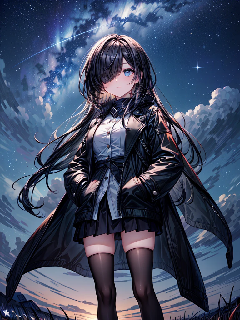((Oriental Project)),((masterpiece)),((Highest quality)),((Fascinating)),((alone)),((Deep blue pupils)),((Beautiful Blue Eyes)),((Wearing a black coat)),((Wearing a black mini skirt,She is wearing black tights under her skirt)),((Slim legs)),((length, Shiny black hair)),((Her left eye is completely hidden by her bangs)),((Her hair is parted, and you can see her eyes through it)),((Wearing black gloves)),((hair over one eye,long hair)),,((Complex background)),((Starry night view)),(Standing on a hill)),((Put your arms in your pockets)),((Looking up at the night sky)),((Complex perspective))