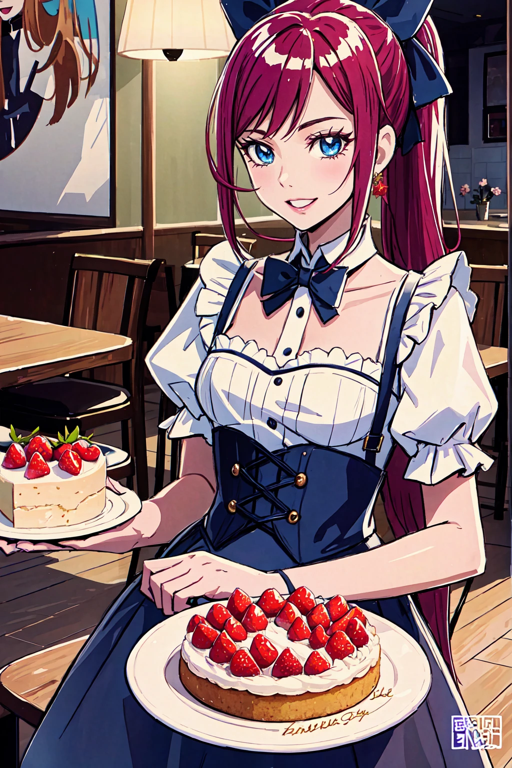 Promotional photos, The place is a coffee shop, 1 girl, 16 year old face, The waitress brought the cake to the table, Redhead with double ponytail, Gentle face, Strawberry pattern gothic lolita half-length maid costume, White-based clothes,