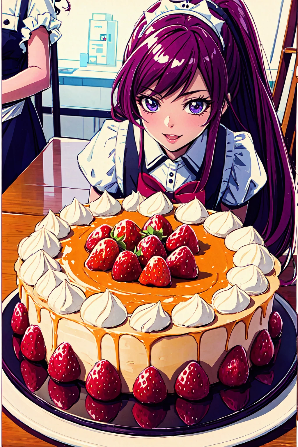 Promotional photos, The place is a coffee shop, 1 girl,  face, The waitress brought the cake to the table, Redhead with double ponytail, Gentle face, Strawberry pattern gothic lolita half-length maid costume, White-based clothes,
