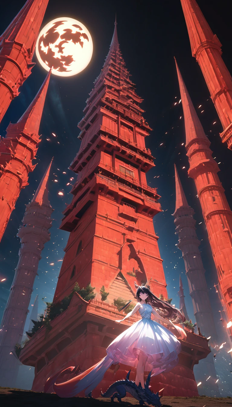 from low, a huge full moon, A big tower, Shading effects, magic gradation effects, glow effects, (ultra detaild, absolutely resolution, best qualityer:1.3), 2.5D, delicate and dynamic, Artistic photography, hyperrealisti, red tower, Dragon symbol,