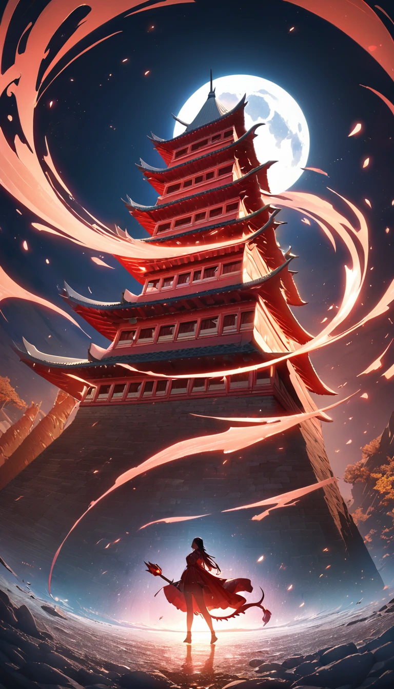 from low, a huge full moon, A big tower, Shading effects, magic gradation effects, glow effects, (ultra detaild, absolutely resolution, best qualityer:1.3), 2.5D, delicate and dynamic, Artistic photography, hyperrealisti,  red tower, Dragon symbol, 