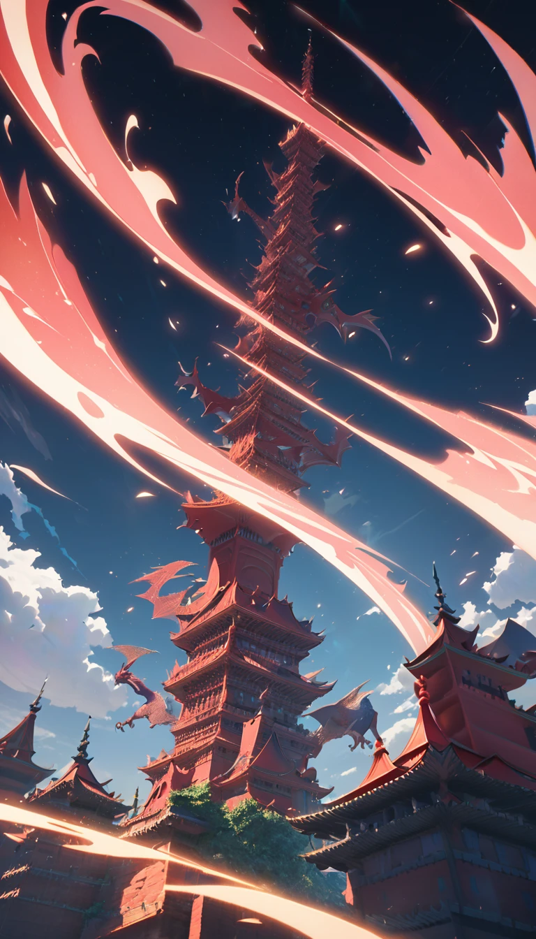 from low, a huge full moon, A big tower, Shading effects, magic gradation effects, glow effects, (ultra detaild, absolutely resolution, best qualityer:1.3), 2.5D, delicate and dynamic, Artistic photography, hyperrealisti, red tower, Dragon symbol,