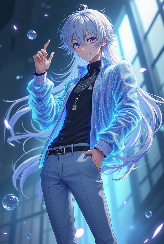 Anime man with long hair, silver or blue, big and bright eyes. luminous skin, holographic jacket, modern pants, elegant boots. Curious and friendly expression, active posture.