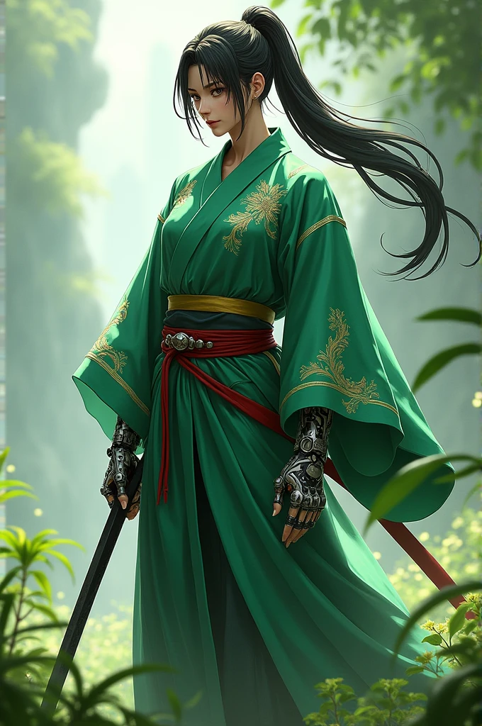 Zero from the mobile game Blood Strike, ninja, Green Grass Kimono, Ponytail hairstyle, Robot Arm, Black Steel Katana.
