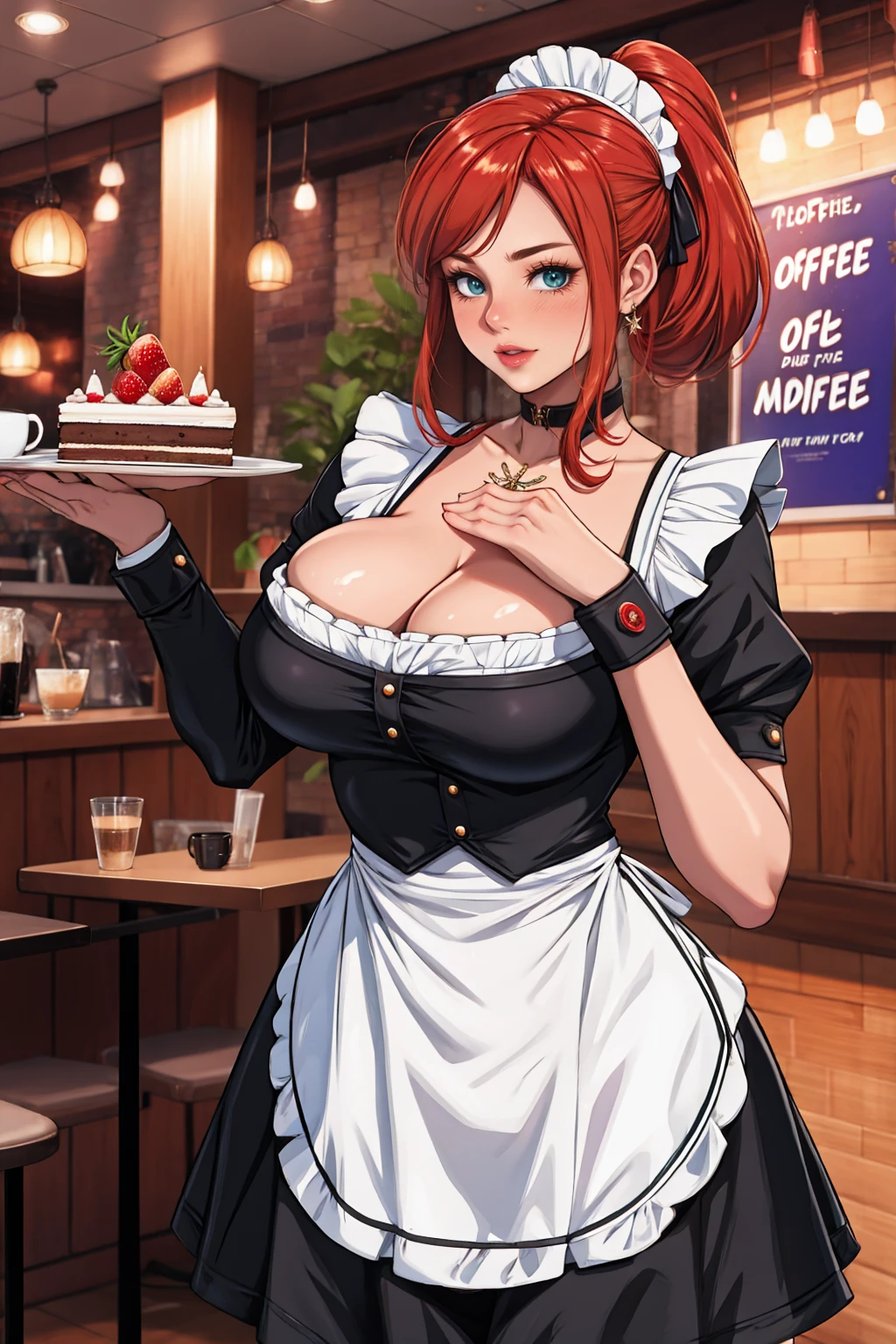 Promotional photos, The place is a coffee shop, 1 girl, 16 year old face, The waitress brought the cake to the table, Redhead with double ponytail, Gentle face, Strawberry pattern gothic ta half-length maid costume, White-based clothes,Big Breasts,milf