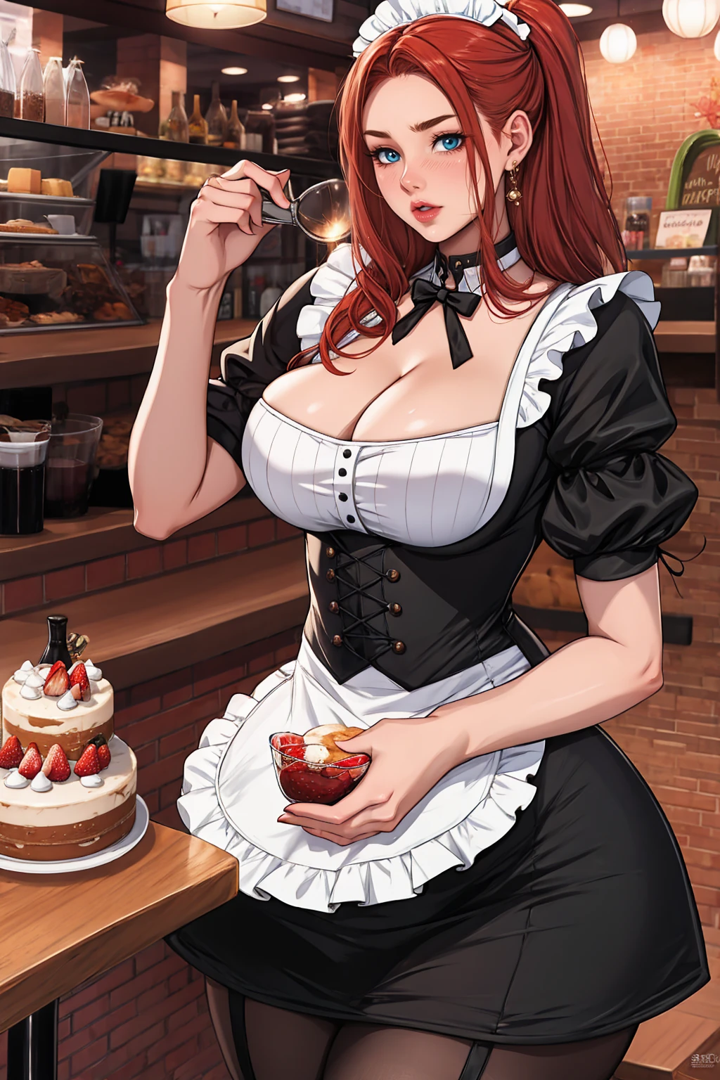 Promotional photos, The place is a coffee shop, 1 girl, 16 year old face, The waitress brought the cake to the table, Redhead with double ponytail, Gentle face, Strawberry pattern gothic lolita half-length maid costume, White-based clothes,Big Breasts,milf