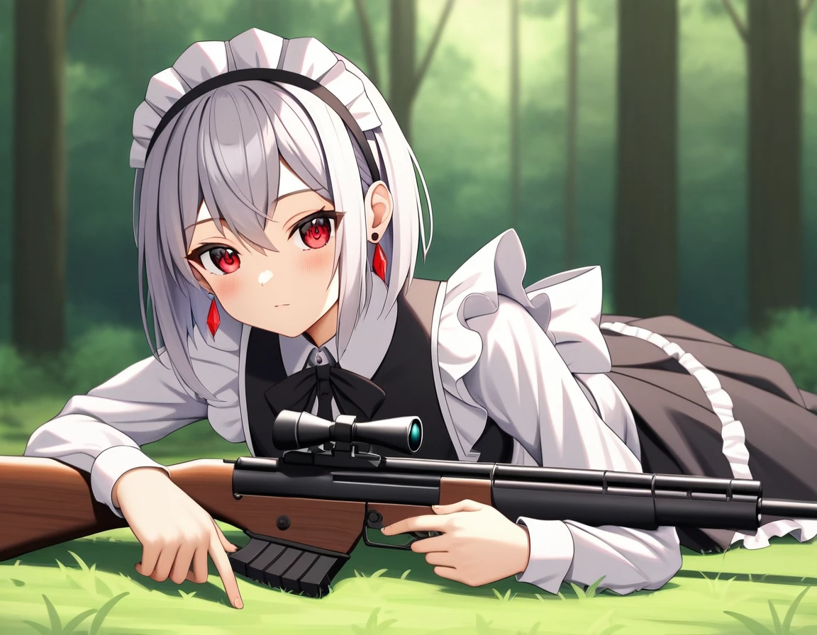 4K、((Great anime))((masterpiece)) (high quality) (detailed: 1.9) (Perfect Face) (detailedな髪) (Shiny Hair: 1.9) (Glowing Skin) ((cute))((One Girl))((cute))(Short:1.9)(Thin waist:1.9)((((10 year old beautiful girl))))((Pettanko's chest))((Short Hair))((Silver Hair))Red Eyes、ear、Earrings、((Maid clothes))Frill headband、((sniper rifle))((Looking through the scope))((Sniper))Prone、in the forest、