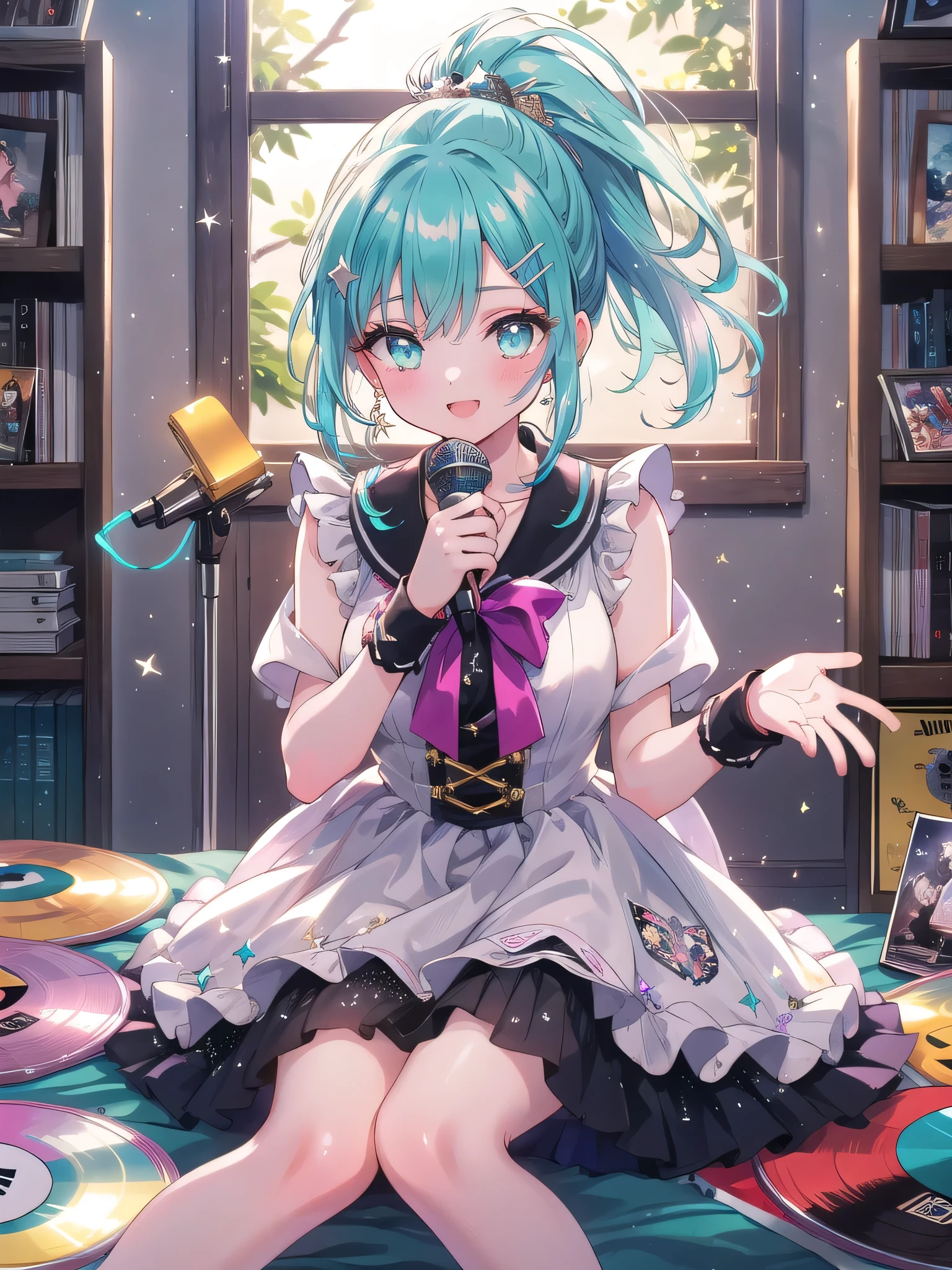 ((8k, Highest quality, masterpiece: 1.3)),Ultra-high resolution,(1 girl, alone), (Color changing eyes, Ultra-detailed, Expressive brilliance, Glitter, Glowing Eyes), Highly detailed eyes, Highly detailed face, Random Hair, ((pastel colour)),A cheerful young woman with pastel teal hair styled into a high ponytail, sitting on her bed, surrounded by scattered cosplay accessories. It’s mid-morning, and the room is filled with bright, natural light coming through the window. She is dressed in a retro idol cosplay, wearing a colorful, glittery dress with a short pleated skirt, matching wristbands, and a star-shaped hairclip. The camera captures her from a slightly elevated angle as she practices her dance moves while sitting, her face beaming with excitement. Her room is filled with posters of famous idols, a microphone stand in the corner, and a shelf lined with CDs and vinyl records, reflecting her love for music and performance.
