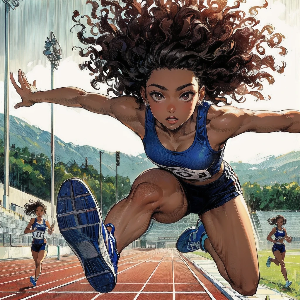 masterpiece, (textured skin), best quality, gorgeous beautiful girl, (a female track and field athlete), detailed clothes,large breasts,narrow waist,, (beautiful face), cinematic lighting, (at track and field ),