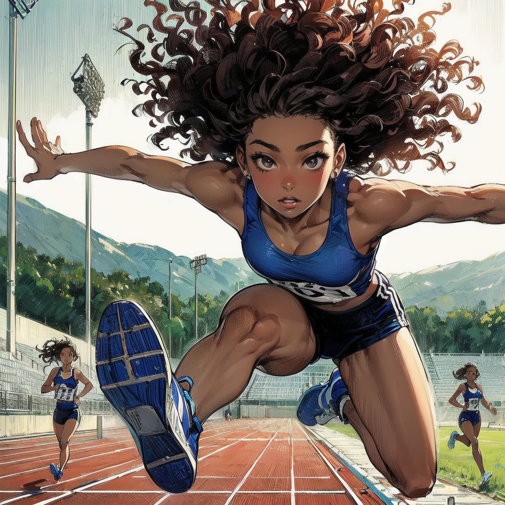  masterpiece, (textured skin), best quality, gorgeous beautiful girl, (a female track and field athlete), detailed clothes,large breasts,narrow waist,, (beautiful face), cinematic lighting, (at track and field ),