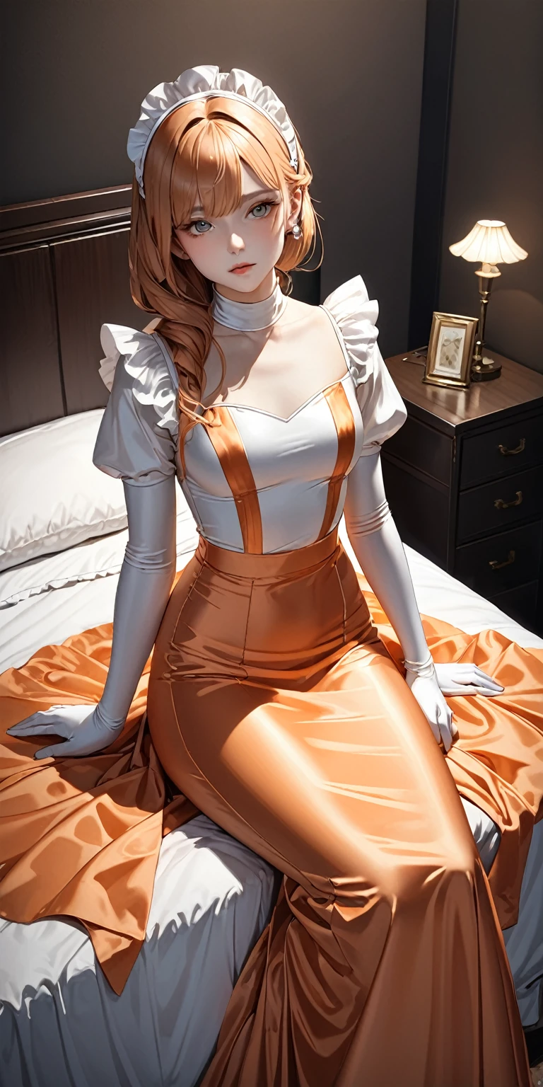 Portraiture、(masterpiece,Highest quality,Ultra-high resolution),Japanese women, Maid Headband、(((Very beautiful 25 year old girl)))、(She is wearing a long-sleeved maid outfit made of glossy pale orange satin..)、The dress has a simple design without any patterns....、(((Long skirt made of pale orange satin.)))、Pale orange satin gloves、((Pale orange satin bodysuit))、Sitting on a bed in a dark room