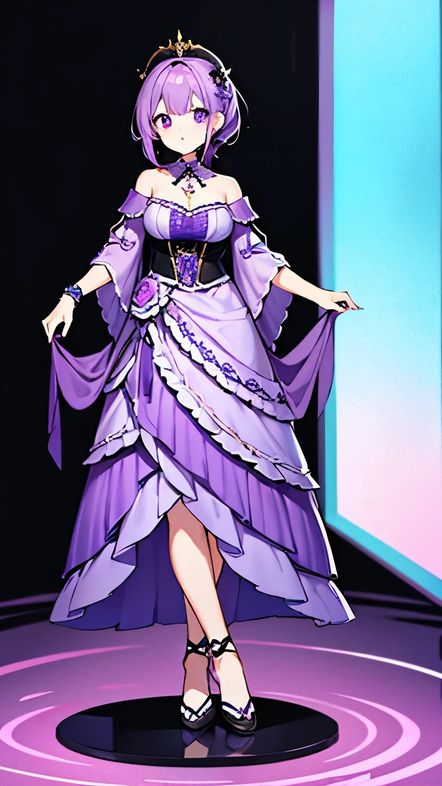 older sister、Clothes with a lot of decoration、 Purple Hair、Mature look、whole body、Idol Costumes