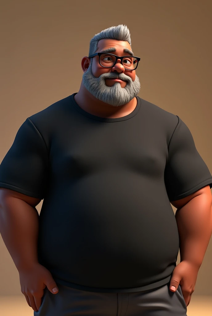 Cartoon character of a middle-aged black man with very short hair, wearing black glasses. Stylized character, animation-style rendering, 3D stylized rendering, Arnold Maya render, 3D stylized render, toon Keyshot render, 3D character, 3D stylized rendering, cartoon character, character close-up, character pose, Pixar style, high quality, cinematic lighting, sharp focus, detailed texture, detailed skin, clay, bokeh, 8K. The man should have the following characteristics: A middle-aged man with a broad build and overweight, casually relaxed hands. His skin tone is dark brown with a warm undertone. He has only two prominent vertical wrinkles between his eyebrows. His beard is very short, trimmed, and sparse, with more white hairs on the chin and the rest being dark gray. His hair is gray, extremely short on top, styled to the right side, and shaved on the sides. He wears modern black glasses. His eyebrows are thick and well-defined, and his eyes are very dark brown, conveying warmth and friendliness. The man is dressed in an oversized black t-shirt and dark gray pants without a belt. Incorporate the following ancestry characteristics: 43% European (17% Iberian and 17% Western European, including Germany, France, and the Netherlands), 4% Sephardic Jewish, 3% Fennoscandian, less than 2% Balkan and Lapland and Volga-Ural, 41% from the Americas, 9% from the Middle East and Maghreb, and 7% from Africa.