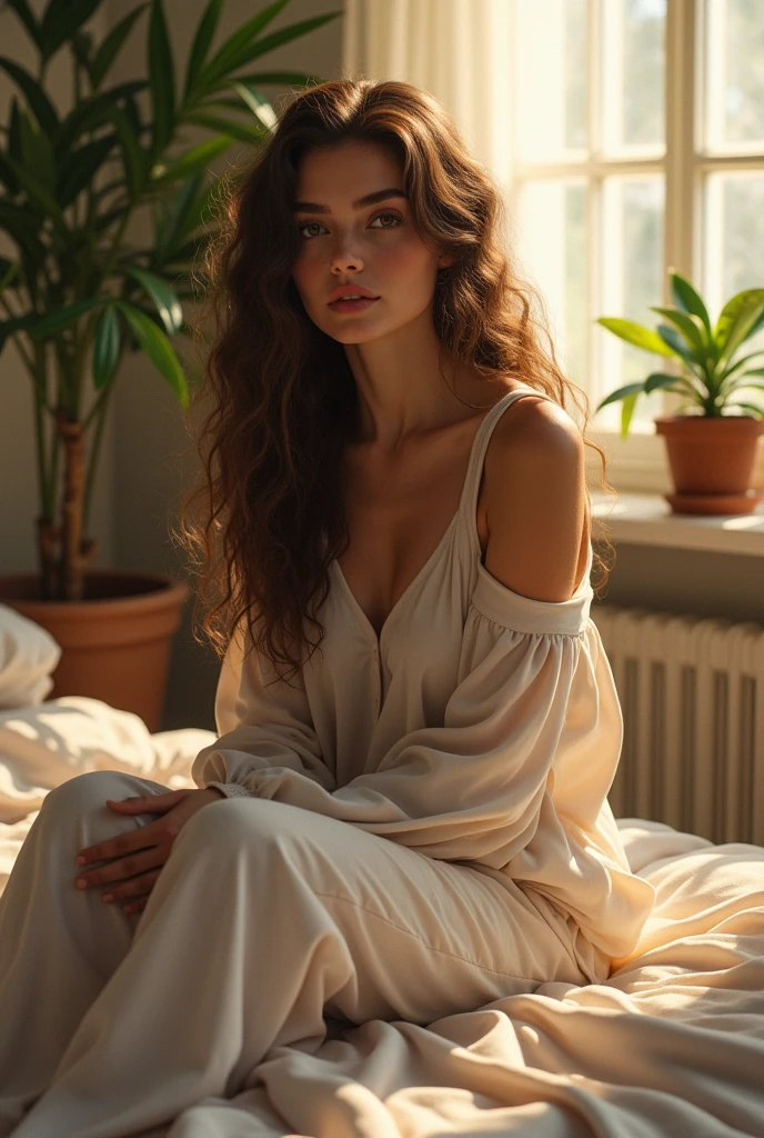 (photorealism:1.2), beautiful woman, sitting on bed, wearing loose off-shoulder top, pajama pants, long curly hair, indoors, soft lighting, plants in background, window with sunlight, cozy room, relaxed pose, realistic, intricate details, warm colors, by Greg Rutkowski, by Alphonse Mucha