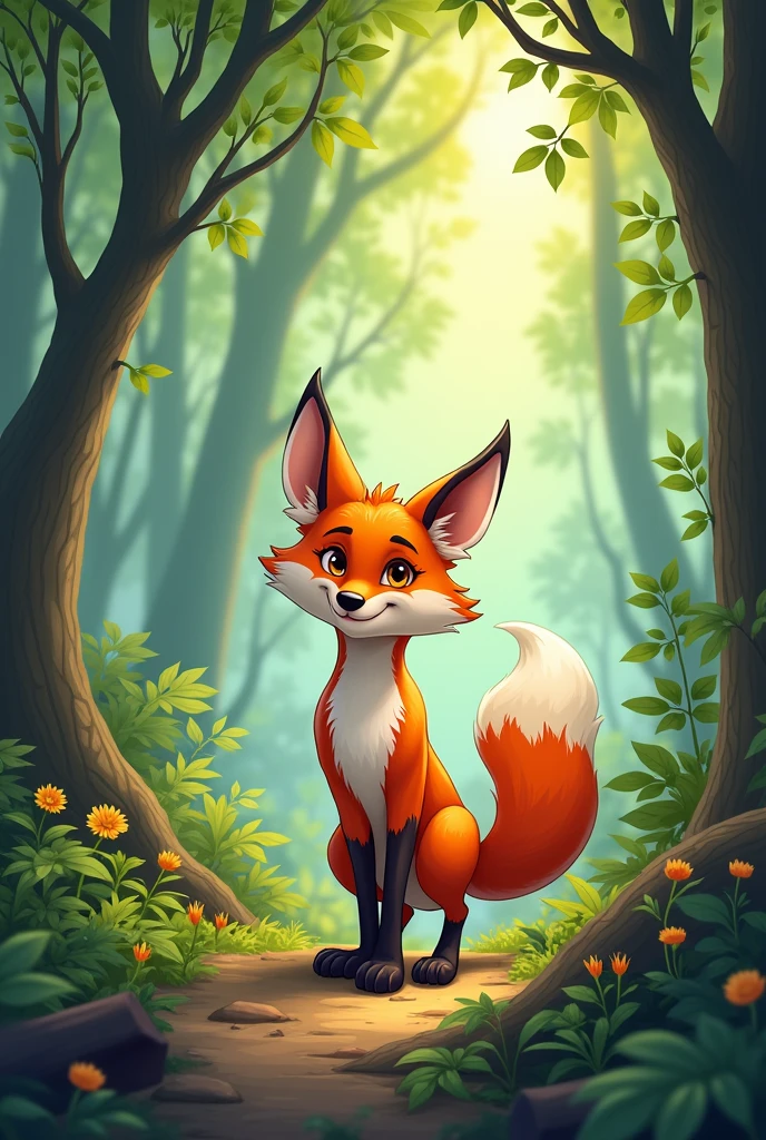 creata a cartoon In a big forest, there lived a clever and mischievous fox. He was proud of his power which is how fast he could solve any puzzle.