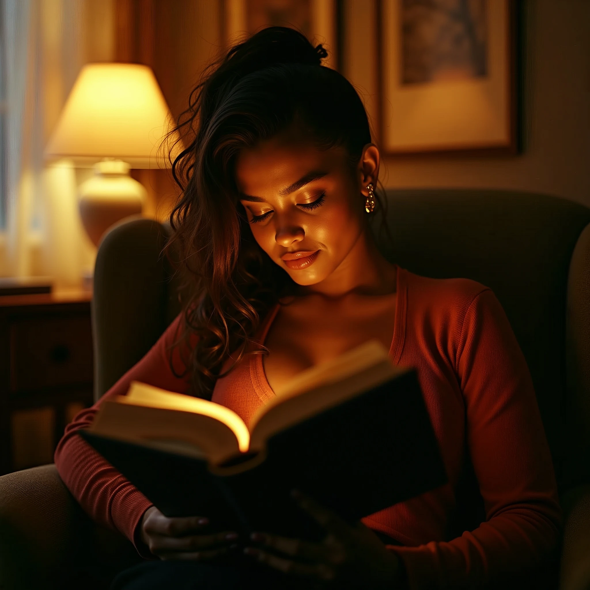 generate a master photograph describing a shapely Woman, a cozy indoor scene with warm lighting and a comfortable reading nook, (8K, best quality), she has a physique like Zendaya, long sleeves, smile, brown hair, black hair, (big chest, small tiny waist, big breasts), half body, sitting in an armchair with a book in her hands, looking relaxed and engrossed in her reading, wearing casual home attire, (She has sexy buttocks, Most sexy booty, Most sexy glutes), Womanly, Womancore, (She has fit hips, sexy hips, sexy fit hips, extremely sexy hips), (asian skin, glistening skin, beautiful complexion), shot on Fujifilm superia, (Studio soft light, high detail, cinematic lighting, rim lighting), Style: (hyperrealistic, by DynastySeries FashionNova, photo, {{{masterpiece photography}}}, analog photograph, professional fashion photoshoot, trending on artstation, synthwave, krrrsty), Quality: (photographed, masterpiece, highest resolution), Definition: (highres, sharp focus, 8k uhd, ultra photo-realistic resolution), Film: (80 mm, shot on portra 120, shot on Fujifilm), Resolution: (extremely detailed, (sharp focus:1.5), cinematic lighting, dramatic lighting, ultra photo-realistic), luxury: mohawk hairstyle