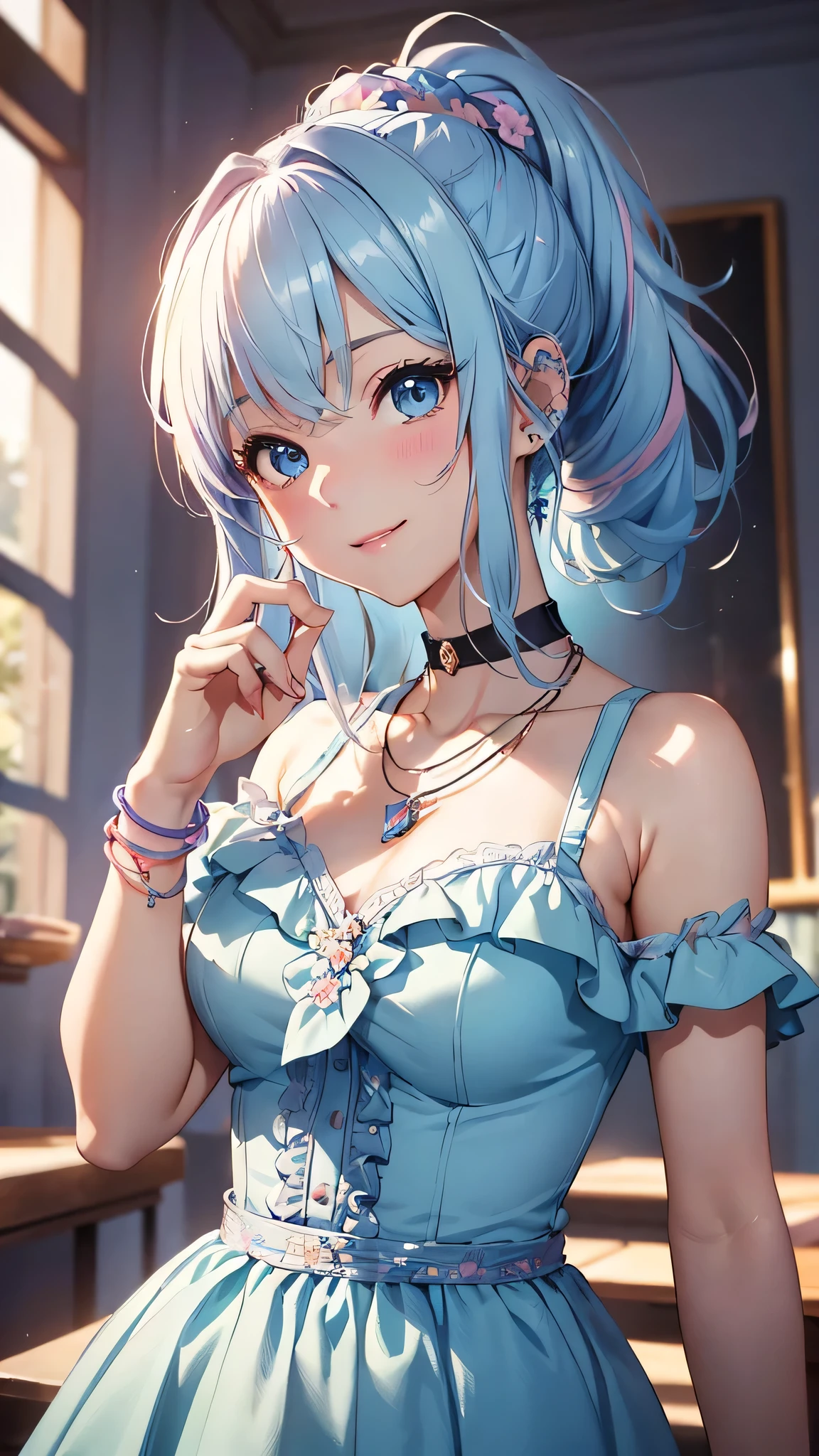 最high quality、Best image quality、masterpiece、With a girl((cute、18-year-old、Best Bust、Medium Bust、Beautiful Blue Eyes、Spread your chest wide,Pastel Hair、ponytail、Disheveled Hair、thin、Highest Valley、Pastel Dress、smile、necklace、Wristband、)）high quality、Beautiful art、background((Pastel Room、Live Performance Venues)),Tabletop、Exquisite design、Visual Arts、Written boundary depth、Best lighting、Highest detail、8ｋ