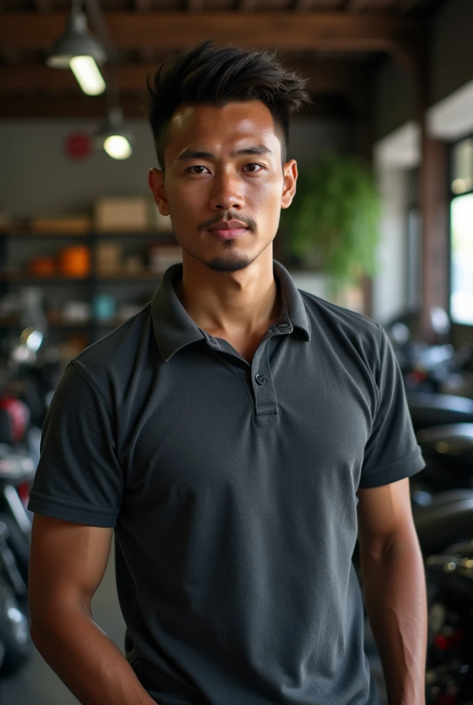 30 year old Indonesian man, at the motorcycle workshop, short hair, dimples