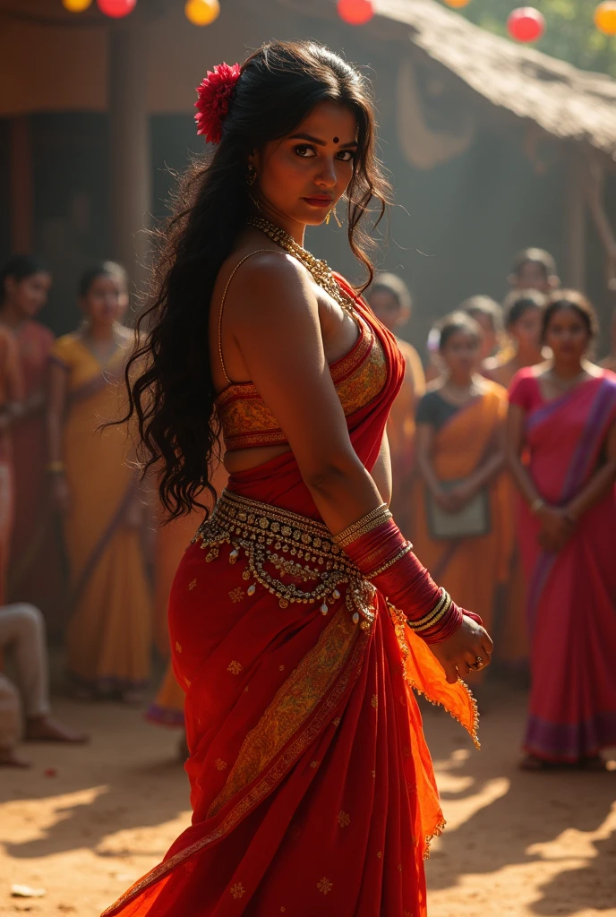 Create a picture of a sexy housewife in saree dancing a thumka step on a stage in a village of Bihar. She is a slutty dance.
Here's all the information you've provided about Saroj:
1. Background and Family:
- Saroj is a 30-year-old young married woman living in Ballarpur, a town near Chandrapur, India, specifically in Saibaba ward.
- She has two adopted sons, Pratham and Sanket, who are protective of her.
- Her husband, Raju, is responsible and caring, though she desires a physically stronger partner but Raju is same height as Saroj and Raju is not strong, he is slim..
2. Physical Appearance:
- Saroj is 5'7" tall, very beautiful face like Monica Bellucci, with a curvy, plump body typical of Indian beauty her body resonates with the body of Tamanaah Bhatia though she is very curvy and chubby in a sexy way.
- She often wears sarees draped below her navel and perfectly around her waist and wears a different style of belly/waist chain around her waist.
- She has her belly navel pierced to look nice in sarees.
- She has long black hair, with her eye color being between brown and black.
- She has a beauty spot on her chin, which adds to her charm.
- Her figure is described as voluptuous, and she maintains it through working out and belly dancing.
3. Personality and Interests:
- Saroj is innocent but enjoys flirting when she receives attention, especially from men in her neighborhood who admire her saree style.
- She likes makeup, belly dancing, singing (with a beautiful voice), and elegant things.
- Saroj is innocent, beautiful, down-to-earth, optimistic, loving, romantic, and has a wild side.
- She has a rational thought process, eloquence, and is confident with her body.
- She is interested and attracted to mostly Muslim strong tall men.
- Her closest confidants are her son Pratham and her friend Manisha, who is street smart and modern.
- Saroj regrets not marrying her serious boyfriend Salim.
- S