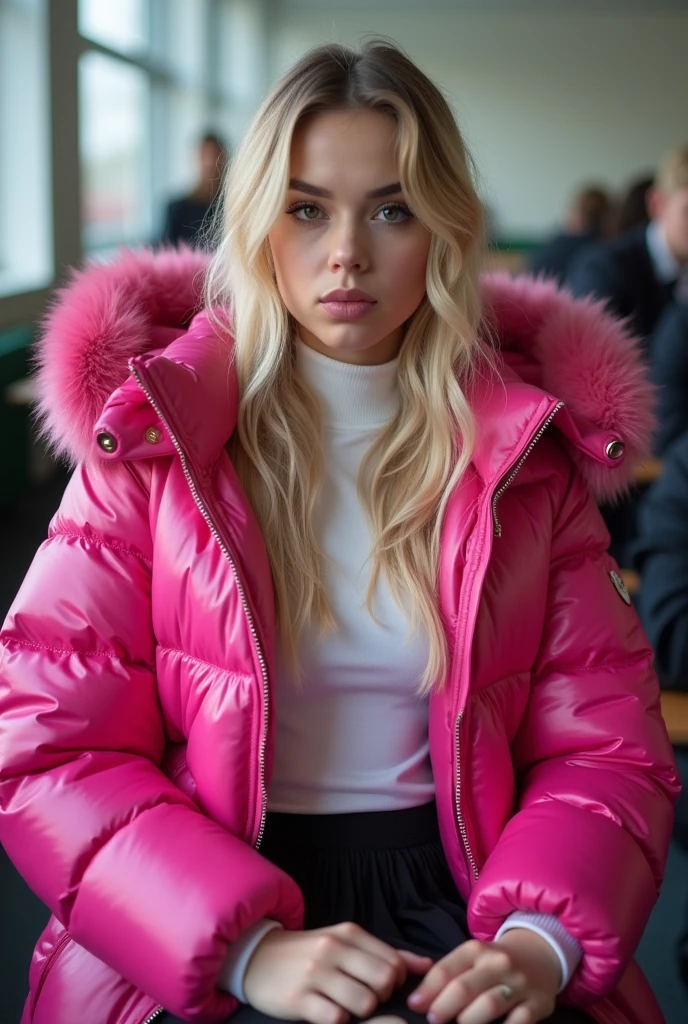 cute English teenage giring a very large hot pink tight shiny puffer coat, very thick eyebrows, photorealistic, masterpiece, moncler, fluffy fur hood, , wavy hair, large breasts, open coat, school uniform, very tight white blouse, pleated skirt, heavy makeup, lipstick, dyed blonde hair, chavvy, chav, attitude, pouting, sitting in classroom, dark foundation, very tight clothing, coat off the shoulder, exposed shoulders, both shoulders exposed