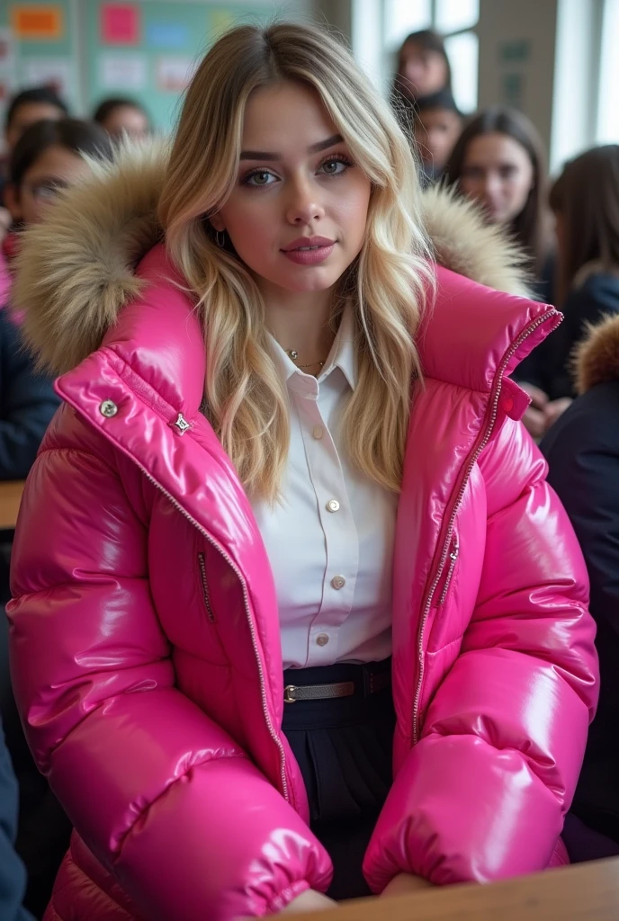 cute 16 year old English teenage girl ,wearing a very large hot pink tight shiny puffer coat, very thick eyebrows, photorealistic, masterpiece, moncler, fluffy fur hood, , wavy hair, large breasts, open coat, school uniform, very tight white blouse, pleated skirt, heavy makeup, lipstick, dyed blonde hair, chavvy, chav, attitude, pouting, sitting in classroom, dark foundation, very tight clothing, coat off the shoulder, exposed shoulders, both shoulders exposed