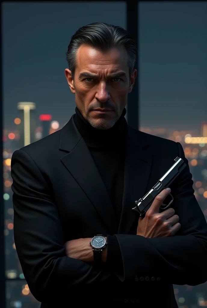 Here's a description for generating a realistic movie villain:
---
"Create a highly realistic movie villain with a dark, commanding presence. The character is a middle-aged man with sharp, chiseled features, and a cold, calculating expression. He has short, slicked-back dark hair, with a few strands of gray hinting at his experience and cunning. His eyes are piercing, with a steely, almost unsettling gaze that suggests he’s always one step ahead. He wears a tailored black suit with a subtle but luxurious design, paired with a black turtleneck, giving him a sophisticated yet menacing look. In one hand, he casually holds a sleek, silenced pistol, his fingers relaxed but ready for action. The background is a dimly lit, modern high-rise office with large windows overlooking a city skyline at night, the lights below hinting at the vast reach of his influence. The overall vibe should be one of ruthless intelligence, power, and a quiet, dangerous authority that makes him a formidable foe."
---
This description should create a realistic, intimidating villain with the presence of a classic movie antagonist.
