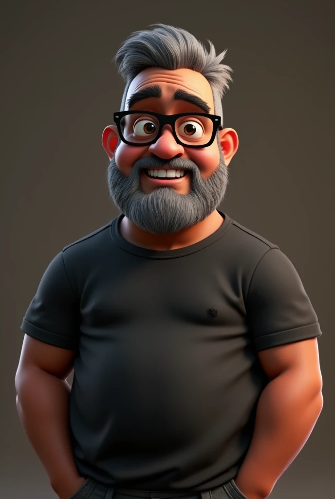 Cartoon character of a middle-aged black man with very short hair, wearing black glasses. Stylized character, animation-style rendering, 3D stylized rendering, Arnold Maya render, 3D stylized render, toon Keyshot render, 3D character, 3D stylized rendering, cartoon character, character close-up, character pose, Pixar style, high quality, cinematic lighting, sharp focus, detailed texture, detailed skin, clay, bokeh, 8K. The man should have the following characteristics: A middle-aged man with a broad build and overweight, casually relaxed hands. His skin tone is dark brown with a warm undertone. He has only two prominent vertical wrinkles between his eyebrows. His beard is very short, trimmed, and sparse, with more white hairs on the chin and the rest being dark gray. His hair is gray, extremely short on top, styled to the right side, and shaved on the sides. He wears modern black glasses. His eyebrows are thick and well-defined, and his eyes are very dark brown, conveying warmth and friendliness. The man is dressed in an oversized black t-shirt and dark gray pants without a belt. Incorporate the following ancestry characteristics: 43% European (17% Iberian and 17% Western European, including Germany, France, and the Netherlands), 4% Sephardic Jewish, 3% Fennoscandian, less than 2% Balkan and Lapland and Volga-Ural, 41% from the Americas, 9% from the Middle East and Maghreb, and 7% from Africa.