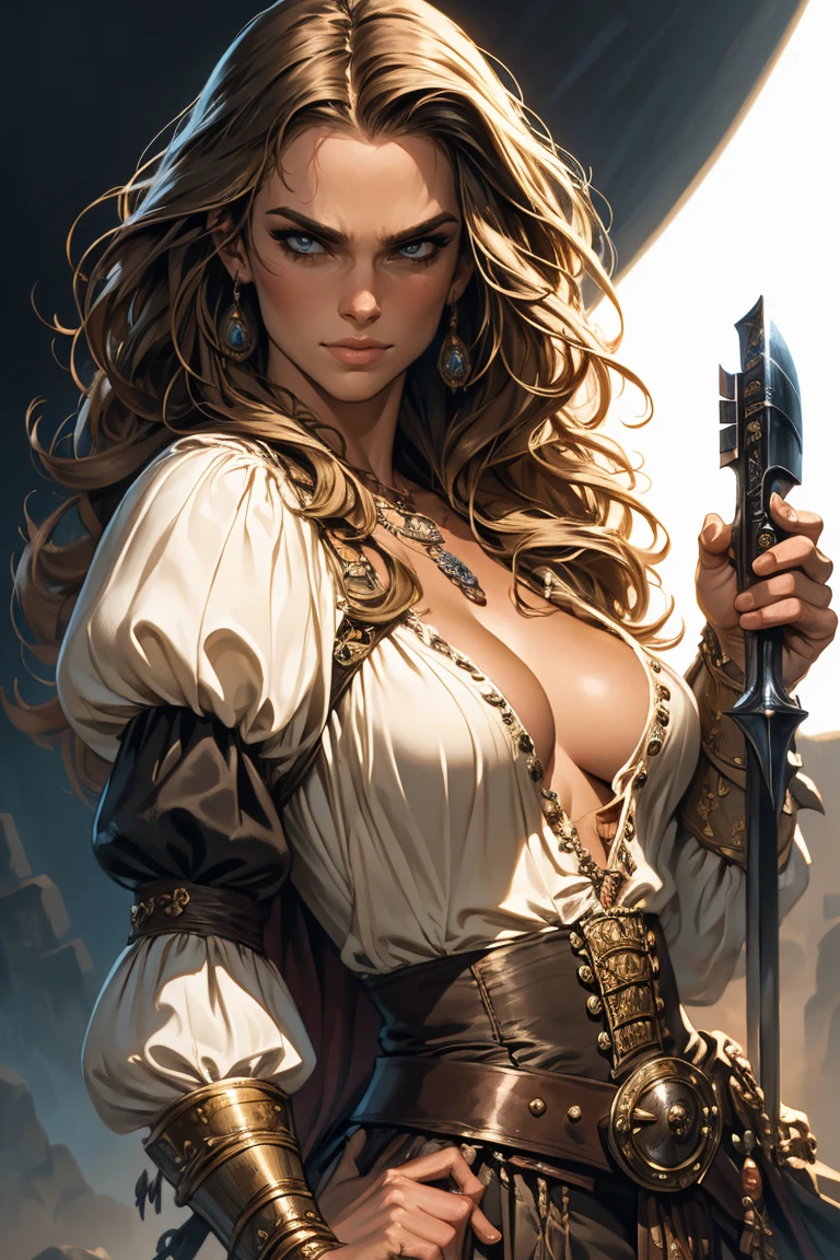 Keira Knightley as Elisabeth Swann from the movie Pirates of the Caribbean, highly detailed cinematic illustration, black outlining, full color illustration, vivid colors, white background, in the style of Boris Vallejo & Julie Bell, masterpiece, 8k, ultra-detailed, physically-based rendering, vivid colors, dramatic lighting, intricate background, photorealistic