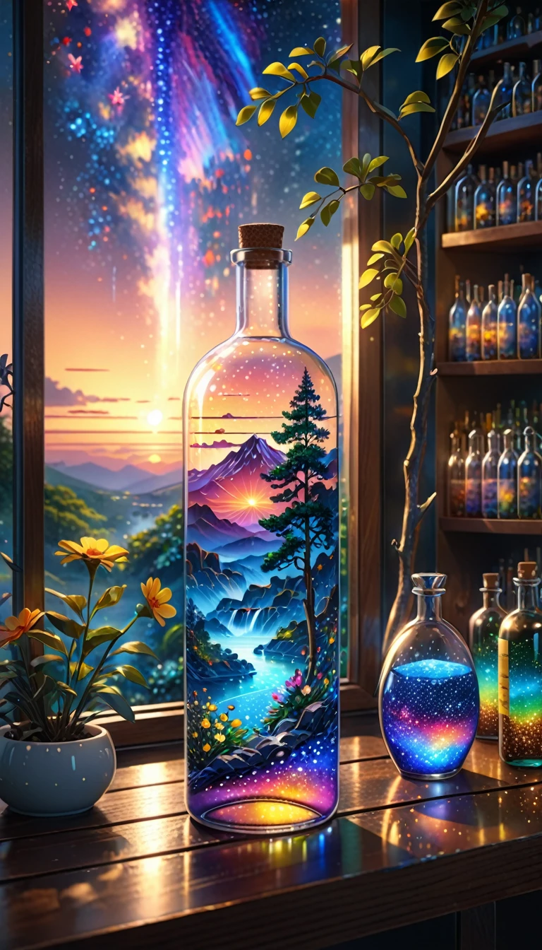 (masterpiece, Highest quality, Very detailed:1.2, Realistic, super photoRealistic, Realistic illustration, 8k),
Professional Color Grading, Sharp focus, Professional Lighting, Depth of written boundary, ((landscape)), ((Science fiction movies)), ((Concept Art))
Bottle close-up,
The colors of the flowers sparkle、afternoon, waterfall, Big tree, Starry Night, sunset, City in a glass bottle, filling glass bottle with the sparkling Starry Night and city, filling glass bottle with the sunset view, Many glass bottles on the shelf, The shelves are kept in the house, 16K, Ultra-high resolution, Ultra-high resolution, to be born,wonderful ,future、Iridescent、The world 30 years from now。。