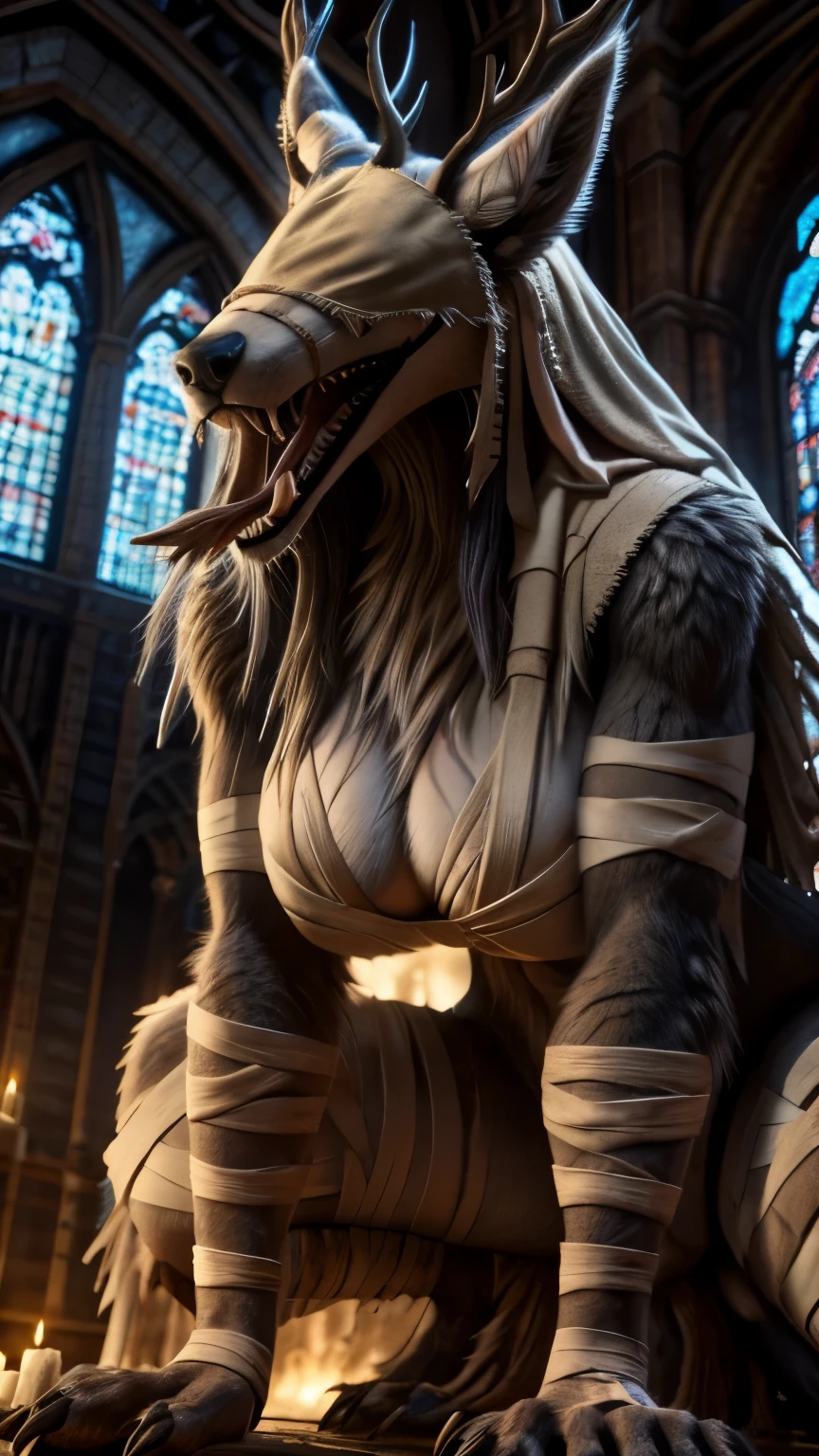 Cinematic, low-angle, Vicar Amelia, full body, in a stalking pose, red and glowing eyes, wearing only with bandages, furry, busty, claws, ((Focus on her mouth)), annoyed, growling, showing fangs, female, extremely detailed, photo realistic, with breasts completely bandaged, cleavage, hyperrealistic, 5 fingers