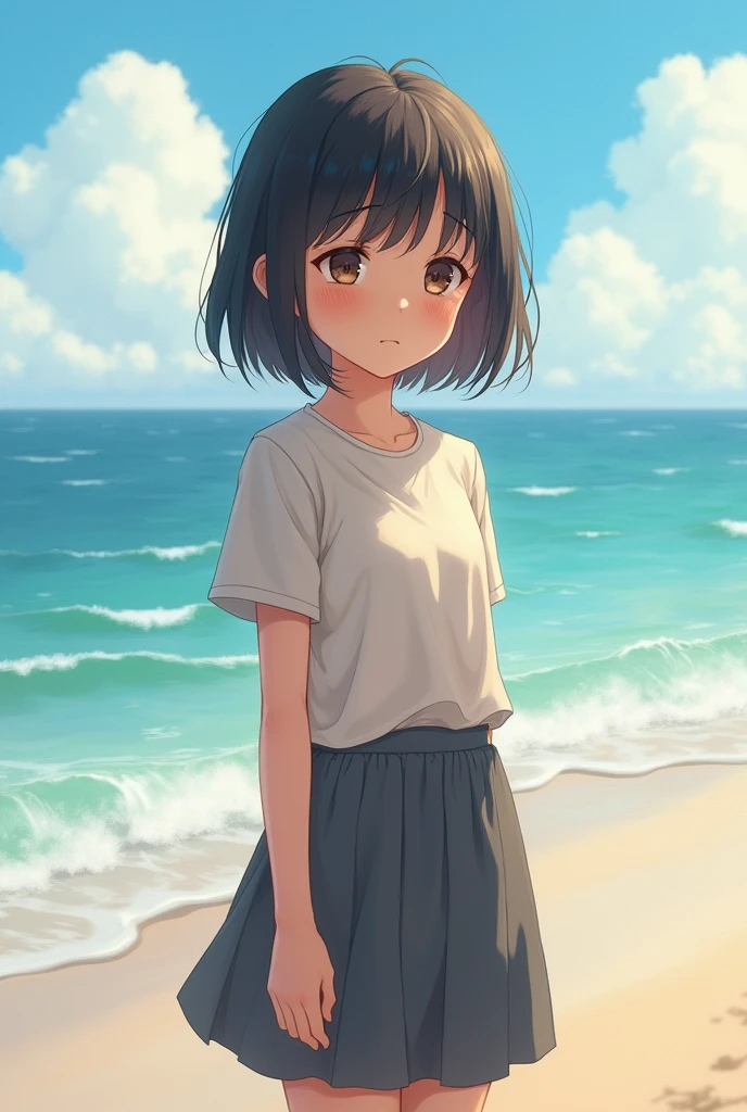 (photorealism:1.2), beautiful innocent girl,stand beside the beach,short hair at shoulder length,wearing skirt and cute top,feeling sad,pleasant weather