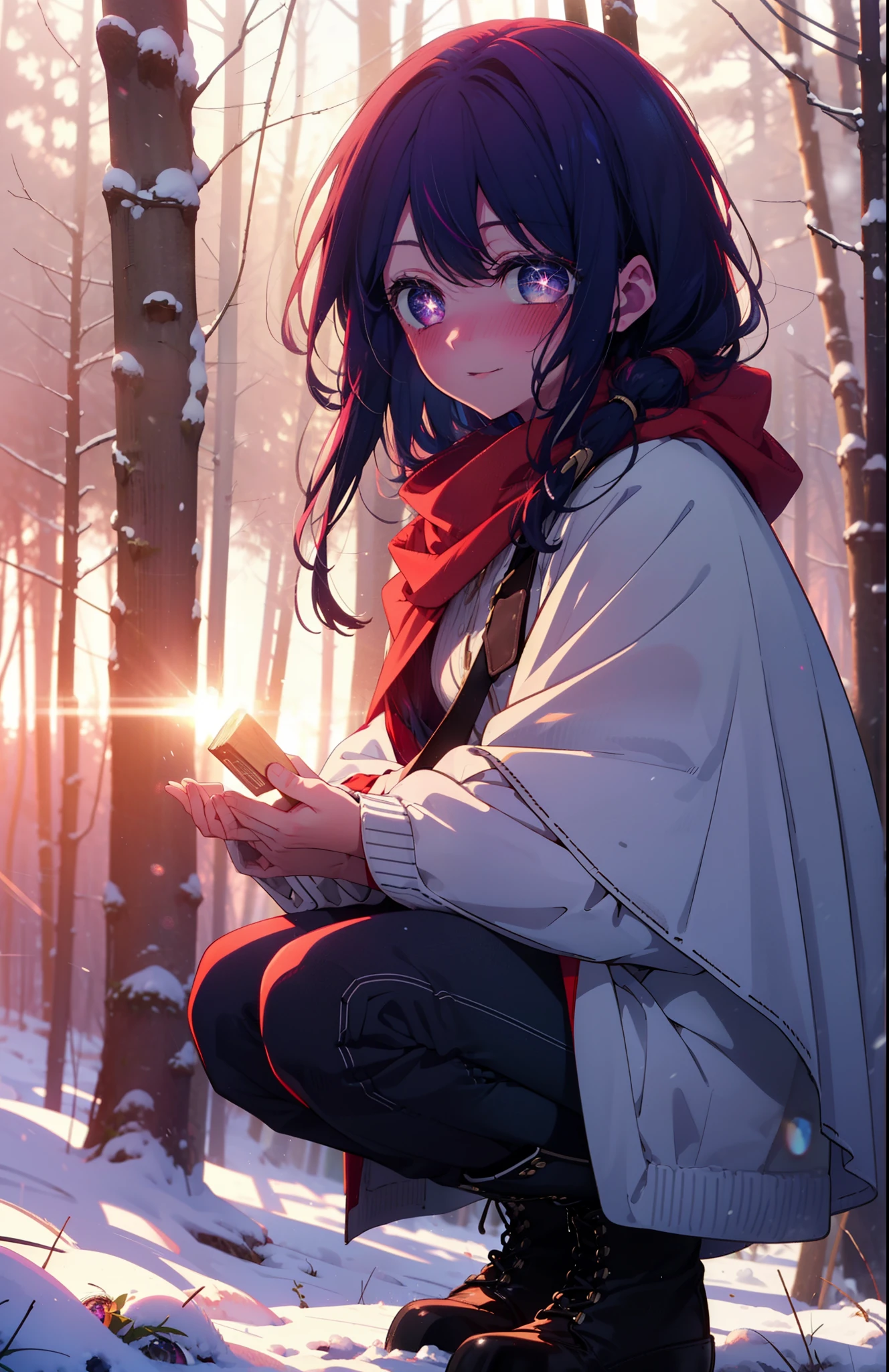 aihoshino, Ai Hoshino, Long Hair, bangs, (Purple eyes:1.1), Purple Hair, (Symbol-shaped pupil:1.5), smile,,smile,blush,white breath,
Open your mouth,snow,Ground bonfire, Outdoor, boots, snowing, From the side, wood, suitcase, Cape, Blurred, , forest, White handbag, nature,  Squat, Mouth closed, Cape, winter, Written boundary depth, Black shoes, red Cape break looking at viewer, Upper Body, whole body, break Outdoor, forest, nature, break (masterpiece:1.2), Highest quality, High resolution, unity 8k wallpaper, (shape:0.8), (Beautiful and beautiful eyes:1.6), Highly detailed face, Perfect lighting, Highly detailed CG, (Perfect hands, Perfect Anatomy),