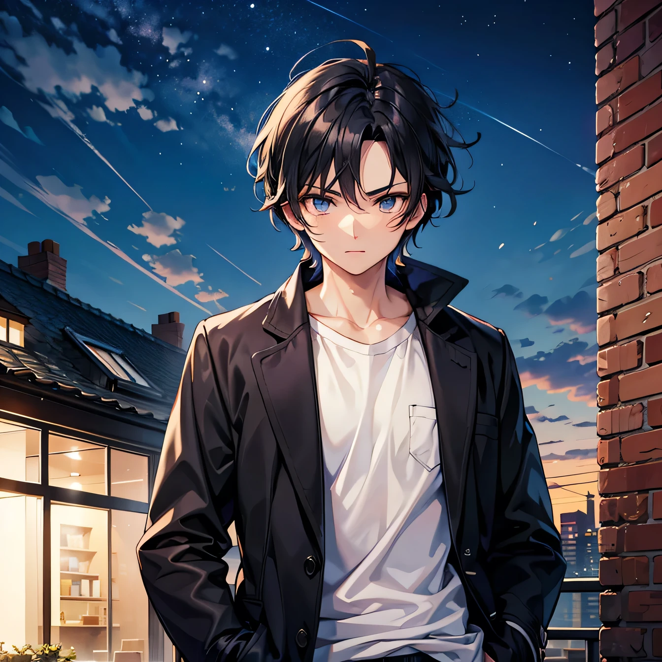 Anime art style,Highest quality,High resolution,Anatomically correct,One Man,Twenty generations,good looking,Angle from the front,Spiky hair,Black Hair,Gentle expression,A rich expression,Long coat,Casual innerwear,night,Outdoor,Rooftop,Put one hand in your pocket,A strong wind is blowing,Eyes drawn in detail,8k