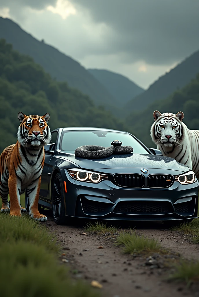 Realistic bmw car and Benz car , black tiger next to car , white tiger next to car , black cobra snake on car hood