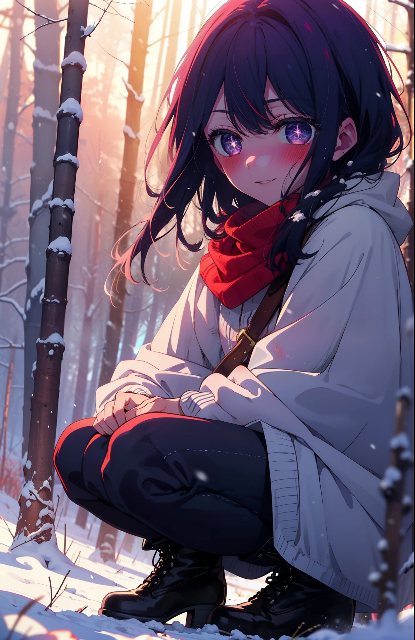 aihoshino, Ai Hoshino, Long Hair, bangs, (Purple eyes:1.1), Purple Hair, (Symbol-shaped pupil:1.5), smile,,smile,blush,white breath,
Open your mouth,snow,Ground bonfire, Outdoor, boots, snowing, From the side, wood, suitcase, Cape, Blurred, , forest, White handbag, nature, Squat, Mouth closed, Cape, winter, Written boundary depth, Black shoes, red Cape break looking at viewer, Upper Body, whole body, break Outdoor, forest, nature, break (masterpiece:1.2), Highest quality, High resolution, unity 8k wallpaper, (shape:0.8), (Beautiful and beautiful eyes:1.6), Highly detailed face, Perfect lighting, Highly detailed CG, (Perfect hands, Perfect Anatomy),