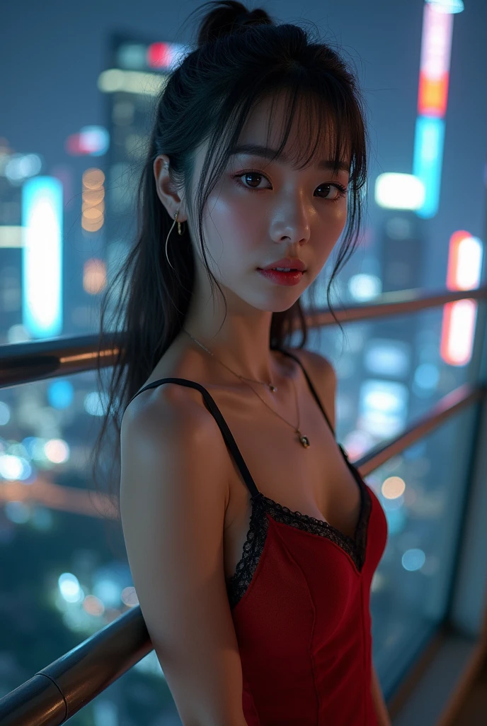 A Japanese woman against a city night backdrop, wearing a deep V-neck adorned evening dress, with a close-up showing her cleavage, revealing the night's allure and elegance.